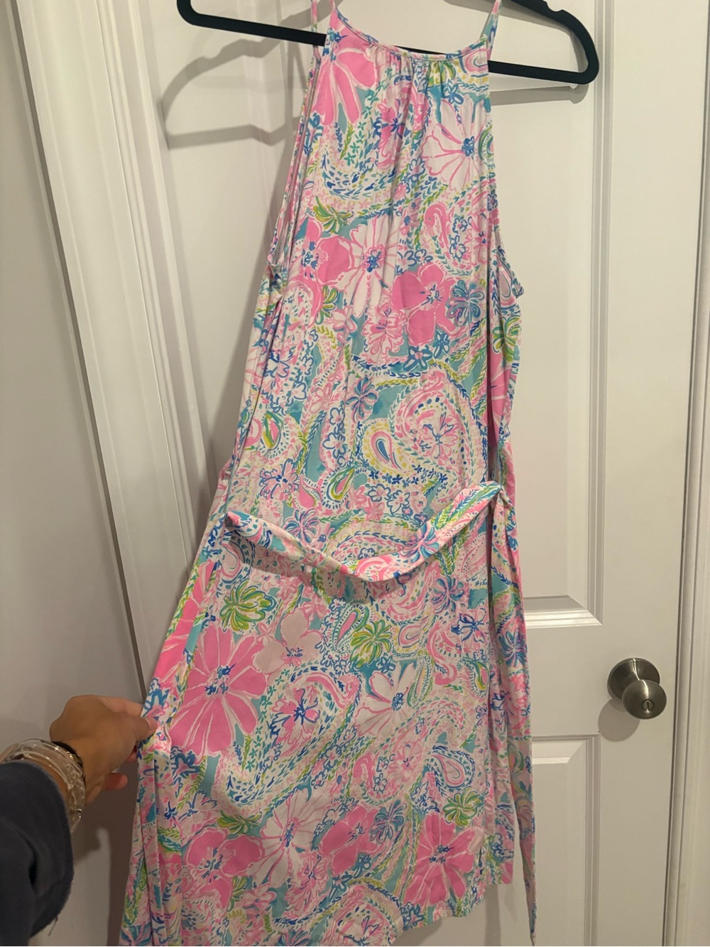 Lilly Pulitzer Mabry midi dress features a colorful "Flock Full of Fun" paisley